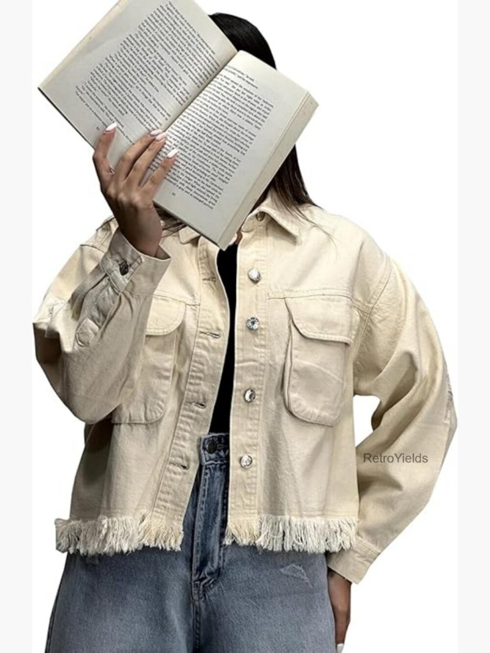 Cropped Denim Jacket Frayed Distressed Long Sleeve Casual Lightweight